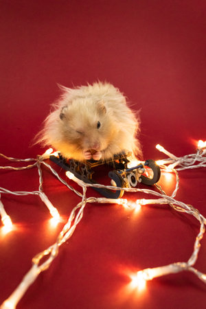 Cute and fluffy pet hamster surrounded by fairy lights against red background with copy spaceの写真素材