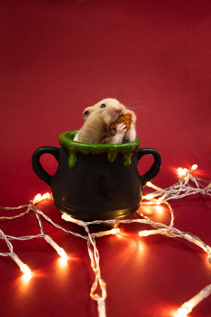 Cute pet hamster feeding in a pot surrounded by fairy lights against red background with copy spaceの写真素材