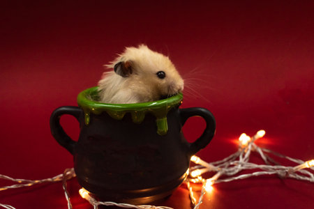 Cute pet hamster feeding in a pot surrounded by fairy lights against red background with copy space in a pot surrounded by fairy lights against red background with copy spaceの写真素材