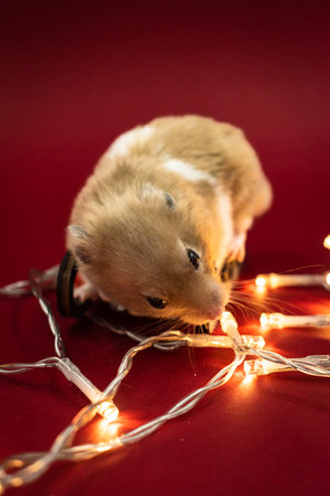 Cute and fluffy pet hamster surrounded by fairy lights against red background with copy spaceの写真素材