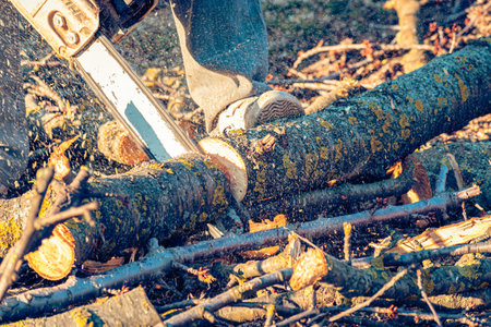 Chainsaw working on a tree branch, handyman cutting woodの写真素材