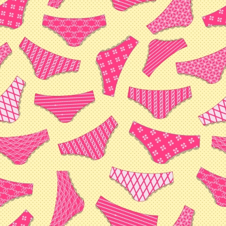 Pink Underwear on Yellow Background  Vintage Panty Seamless Pattern  Lace Lingerieのイラスト素材