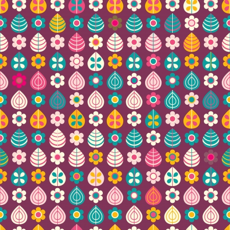 Retro Styled Leaves and Flower Silhouettes in Straight Order. Dark Purple Seamless Floral patternのイラスト素材