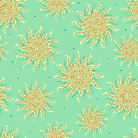 Seamless Pattern with Yellow Ornamental Sun on Light Green Background. Vector Illustrationのイラスト素材