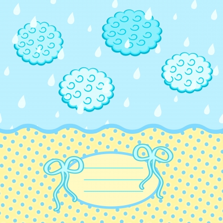 Baby Card with Bow Drops Clouds and Label for Text. Vector Invitation Backgroundのイラスト素材