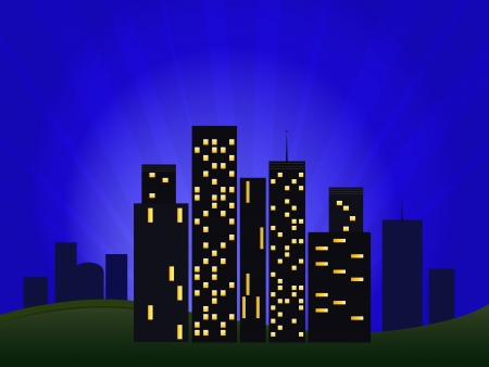 Vector Illustration Of Night Cityscape With Skyscrapers On Blue Backgroundのイラスト素材