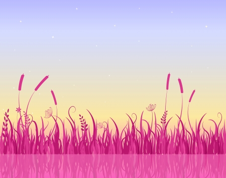 Morning on Lake with Pink Grass Silhouette. Vector Illustrationのイラスト素材
