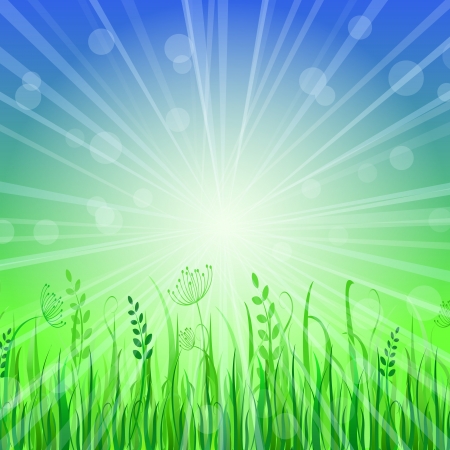Green Grass Background over Blue Sky. Vector Illustrationのイラスト素材