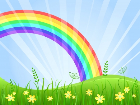 Summer Green Meadow with Yellow flowers. Landscape with Rainbow. Vector illustration.のイラスト素材