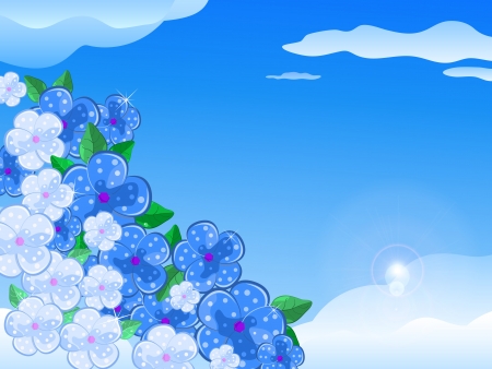 Blue and White Flowers In the Sky With Sunshine. Vector Illustrationのイラスト素材