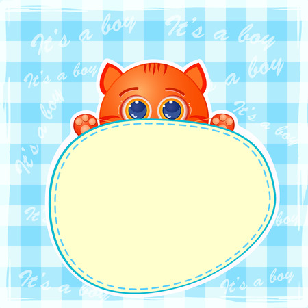 It is Baby Boy Announcement Card. Cute Red Cat with Big Eyes Illustration.のイラスト素材