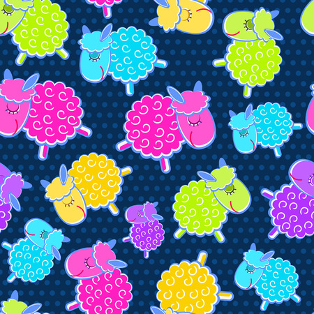 Cute Colorful Sheeps Seamless Pattern on Dark Blue Backgroundのイラスト素材