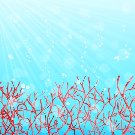 Red Coral and Bubbles in Blue Ocean. Vector Illustrationのイラスト素材