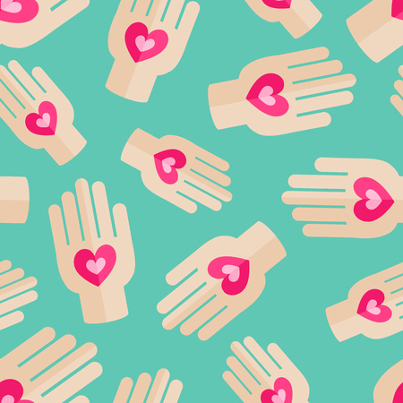 Palm Holding Pink Heart. Health Insurance  Seamless Pattern. Love Concept Flat Designのイラスト素材
