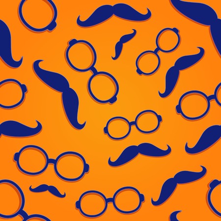 Seamless Pattern with Blue Glasses Frame and Moustach on Red Background. Flat Designのイラスト素材