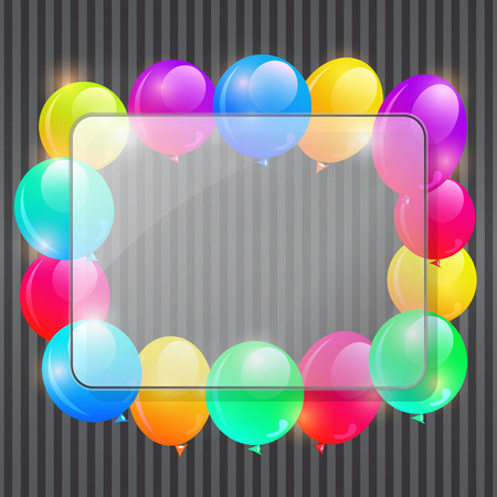 Transparent Glass Frame on Gray Stripe Pattern with Copy Space and Bright Balloons. Vector Illustration.のイラスト素材