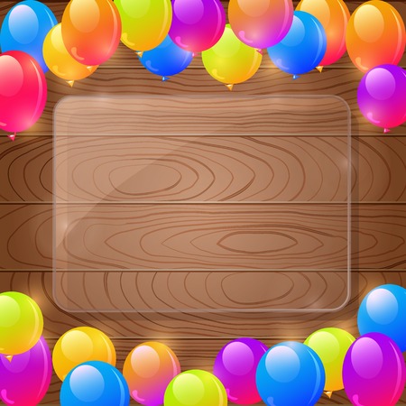 Glass Frame on Wood Pattern with Copy Space and Bright Balloons. Vector Illustration.のイラスト素材