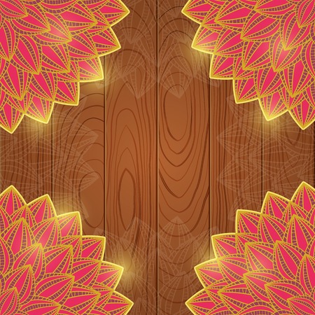 Red Flower in Corners of Card on Wooden Background. Vector Invitation Floral Cardのイラスト素材