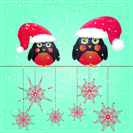 Birds in Cute Red Hat Seats on Wire. Christmas Season Greeting. Vector Illustration.のイラスト素材