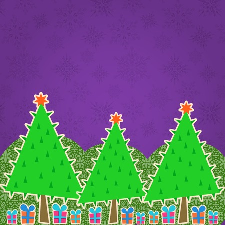 Green Christmas Tree Forest on Purple Background. Retro Greeting New Year Cardのイラスト素材