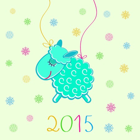 Cute Cartoon Sheep on Holidy Greeting Card. Symbol New Year 2015.Vector Illustrationのイラスト素材