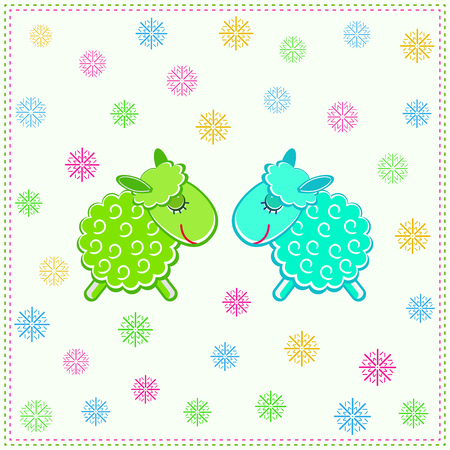 2015 New Year Card with Cartoon Sheep. Vector Greeting Illustrationのイラスト素材