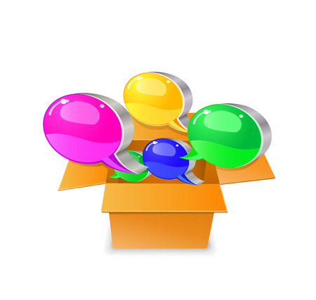 Bubble chat boxes  out from carton box. Vector illustration isolated on white background.のイラスト素材
