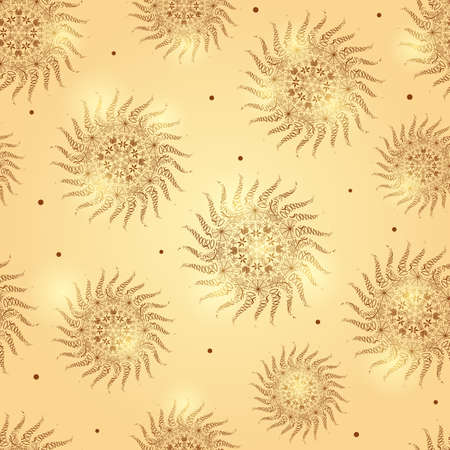 Shiny Beige Seamless Pattern with Yellow Sun Ornament on Light Background. Vector Illustrationのイラスト素材