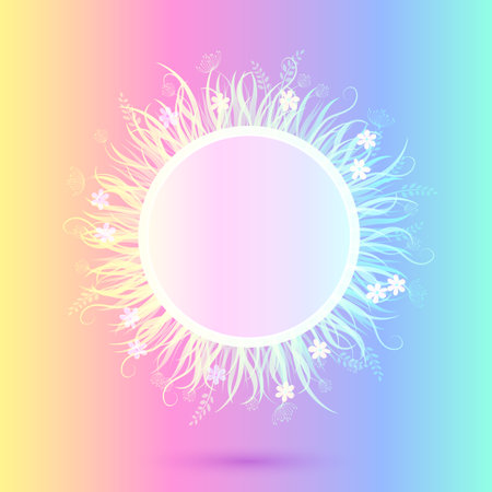 Beautiful Light Colorful Round Frame. Vector Illustration of Grass in Circle Isolated on Motley Backgroundのイラスト素材