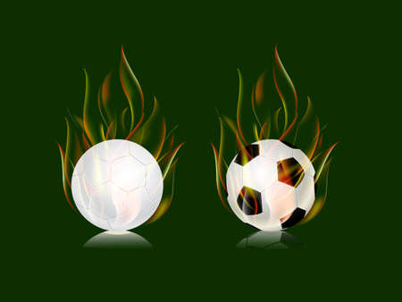 soccer balls in fire flame icon set isolated on green backgroundのイラスト素材