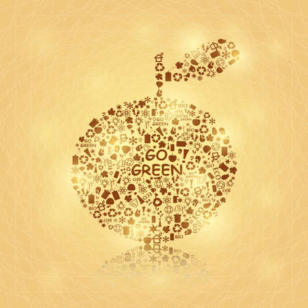 Shiny Big Brown Apple on Yellow Background. Go Green Ecology Concept. Vectorのイラスト素材