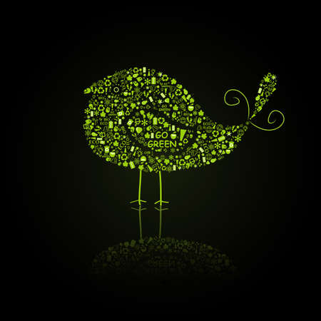Green Bird Silhouette Composed from Go Green Eco Signs on Black Backdrop. Ecology concept.のイラスト素材