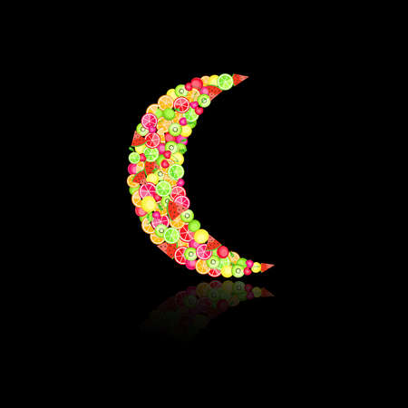 Moon filled with fruits on black background. Vector Illustrationのイラスト素材