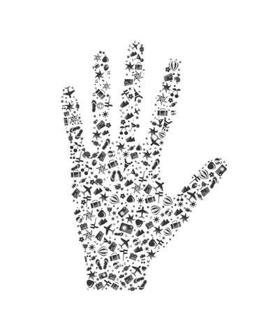 Black-and-white hand palm composed from different travel elements isolated on white backgroundのイラスト素材