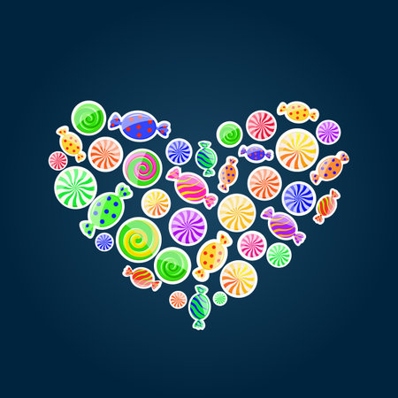 Colorful pattern with sweet candy. Vector illustration in heart shape on dark background.のイラスト素材