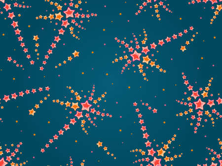 Seamless Pattern of Firework with Orange and Red Stars on Blue Backgroundのイラスト素材