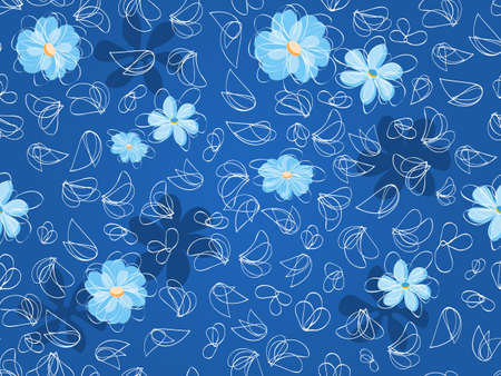 Monochromatic floral seamless pattern background on blue backdropのイラスト素材