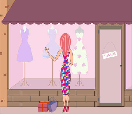 Shopping Woman Stading at Mall Windowのイラスト素材