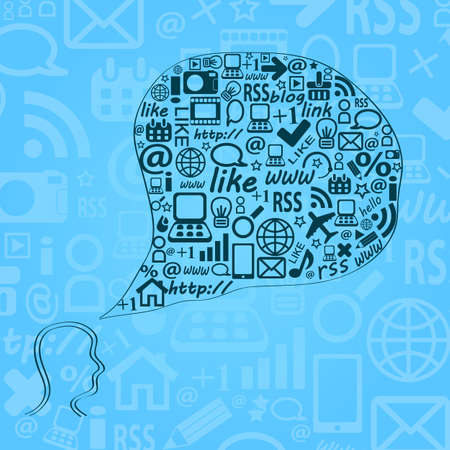 Blue Head Silhouette with Think Bubble Chat. Social Media Network Concept.のイラスト素材