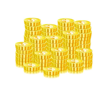 Huge Heap Of Gold Coins Isolated On White Background. Vectorのイラスト素材