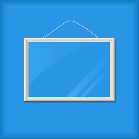 White Empty Ribbed Frame with Glass on Blue Wall. Vector Illustration with Cope-Space for Messageのイラスト素材