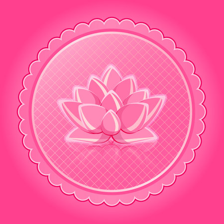Pink Lotus Flower in Round Shiny Label. Oriental Invitation Card. Vector Illustration.のイラスト素材