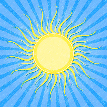 Yellow Sun on Grunge Blue Striped Card. Vector Illustrationのイラスト素材
