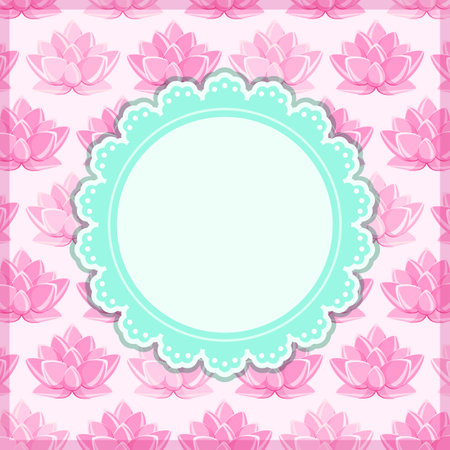 Pink Lotus Flower with Round Shiny Label Vignette. Oriental Invitation Card. Vector Illustration.のイラスト素材