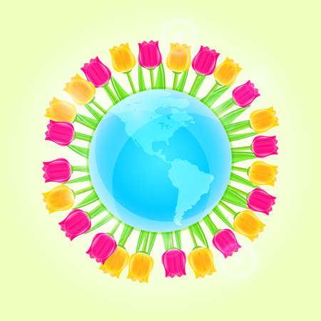 Blue Earth Planet with Bright Tulips. Round Frame. Vector Floral Cardのイラスト素材