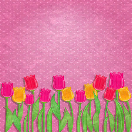 Yellow and Red Tulip Flower on Old Pink Wallpaper. Stylish Retro Dirty Backgroundのイラスト素材