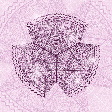 Purple Mandala in the Middle on Pink Background Vintage Card. Vector Illustrationのイラスト素材