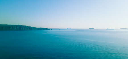 Aerial panoramic view of the sea and coastline in the morningの写真素材
