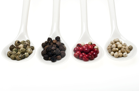 Four different kinds of peppercorns in white spoons on a white の写真素材