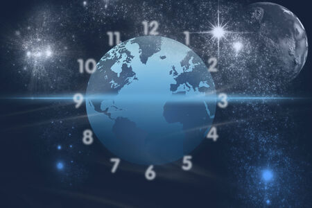 Planet clock in space with shiny stars.